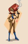 anthro archie_comics big_breasts blue_boots blue_clothing blue_eyes blue_footwear blue_topwear boots breasts brown_body brown_fur brown_hair cheek_tuft chipmunk clothing eyelashes facial_tuft featureless_breasts featureless_crotch female footwear fur ground_squirrel gun hair hair_over_eye hand_on_hip hi_res holding_gun holding_object holding_ranged_weapon holding_weapon knee_boots knee_highs legwear looking_at_viewer mammal navel one_eye_obstructed ranged_weapon rodent sally_acorn sciurid sega simple_background smile solo sonic_the_hedgehog_(archie) sonic_the_hedgehog_(comics) sonic_the_hedgehog_(series) tan_background tan_body tan_fur the_red_son topwear tuft weapon