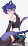  1boy absurdres animal_ears ass black_shirt black_shorts black_sleeves blue_eyes blush brown_thighhighs cat_boy cat_ears cat_tail chobonu genshin_impact hair_between_eyes highres looking_at_viewer male_focus open_mouth purple_hair purple_tail scaramouche_(genshin_impact) shirt short_hair shorts smile solo tail thighhighs 