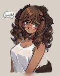  2024 anthro blush breasts brown_body brown_eyes brown_fur brown_hair bust_portrait canid canine canis clothed clothing collar digital_media_(artwork) domestic_dog drill_curls ear_piercing ear_ring eyewear female female_anthro floppy_ears frown fur glasses hair hi_res kemono looking_at_viewer lop_ears mammal piercing portrait puppy_(puppyypawss) puppyypawss ring_piercing round_glasses shirt simple_background solo tail tan_body tan_fur tank_top topwear wearing_glasses whisker_spots white_background 