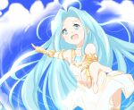  1girl ahoge bare_shoulders blue_eyes blue_hair blush bridal_gauntlets choker cloud commentary dress fisheye granblue_fantasy happy kikurage_(sugi222) long_hair looking_at_viewer lyria_(granblue_fantasy) outstretched_hand pointing sky smile solo very_long_hair white_choker white_dress 