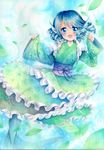  blue_eyes blue_hair curly_hair frills head_fins highres japanese_clothes leaf mermaid monster_girl mosho open_mouth smile solo touhou traditional_media underwater wakasagihime water watercolor_(medium) wet wet_clothes 