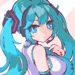  1girl alternate_breast_size blue_eyes blue_hair blue_necktie breasts collared_shirt detached_sleeves from_side hand_on_own_chest hatsune_miku headset long_hair lowres medium_breasts necktie pixel_art shirt sleeveless sleeveless_shirt solo takummui twintails vocaloid white_shirt 