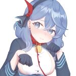  1girl aesice ako_(blue_archive) animal_collar bell black_gloves black_hairband black_jacket blue_archive blue_eyes blue_hair blush breasts buttons closed_mouth collar gloves hair_between_eyes hairband highres jacket large_breasts long_hair long_sleeves looking_at_viewer neck_bell shirt sideboob simple_background solo white_background white_shirt 