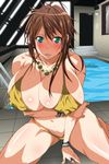  aqua_eyes blush body_blush bracelet breast_lift breasts brown_hair cleavage covered_nipples huge_breasts indoors jewelry kneeling kunifuto leaning_forward long_hair looking_at_viewer navel necklace open_mouth original pool pool_ladder poolside rei_no_pool ring solo sweat 