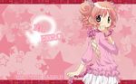  aozora_(syun8823) backless_outfit bad_id bad_pixiv_id brown_eyes character_name choker copyright_name double_bun frills hidamari_sketch highres hiro long_sleeves looking_back pink_hair scrunchie smile solo star starry_background wallpaper wavy_hair 