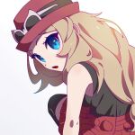  1girl :o black_shirt black_thighhighs blonde_hair blue_eyes eyewear_on_headwear hat high-waist_skirt highres long_hair low-tied_long_hair miniskirt omochi_(omotimotittona3) open_mouth pleated_skirt pokemon pokemon_xy red_hat red_skirt serena_(pokemon) shirt simple_background skirt sleeveless sleeveless_shirt solo thighhighs white-framed_eyewear white_background zettai_ryouiki 