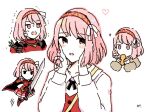  1girl armor braid cape dolly_deer fire_emblem fire_emblem_engage grey_hairband hairband heart lapis_(fire_emblem) pink_eyes pink_hair red_armor red_cape red_hairband ribbon side_braid two-tone_hairband white_ribbon 