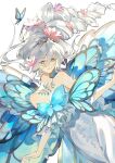  1girl absurdres bare_shoulders blue_butterfly blue_eyes blue_wings braid breasts bug butterfly butterfly_wings cleavage collarbone cowboy_shot dress final_fantasy final_fantasy_xiv flower frilled_dress frills genderswap genderswap_(otf) hair_flower hair_ornament highres insect_wings jewelry long_hair looking_at_viewer mumomomomo necklace off-shoulder_dress off_shoulder procreate_(medium) signature simple_background single_braid smile solo tiara titania_(final_fantasy) updo white_background white_dress white_hair wings 