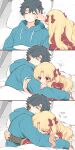  1boy 1girl azumi_(myameco) blonde_hair blue_jacket cape commentary_request ereshkigal_(fate) fate/grand_order fate_(series) fujimaru_ritsuka_(male) hair_ribbon heart hetero hug jacket long_hair long_sleeves red_cape red_eyes red_ribbon ribbon sleeping 