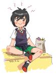  bag brown_eyes bruise_on_knee bruise_on_leg fussan_senryobako green_shorts hair_between_eyes highres looking_to_the_side marvel medium_bangs paper_bag peni_parker plaid plaid_skirt school_uniform short_hair shorts shorts_under_skirt sitting skirt smile spider-man:_into_the_spider-verse spider-man_(series) spider-sense_(spider-man) spider-verse sweater_vest 