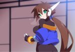  1girl aile_(mega_man_zx) black_bodysuit blue_jacket blurry blurry_background bodysuit bodysuit_under_clothes breasts breath brown_hair cropped_jacket from_behind green_eyes jacket kaidou_zx large_breasts long_hair looking_at_viewer looking_back mega_man_(series) mega_man_zx mega_man_zx_advent off_shoulder ponytail robot_ears solo sweat upper_body 