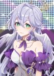  1girl absurdres bare_shoulders breasts choker cleavage commentary detached_sleeves dks_(dksotti) dress earrings facial_mark green_eyes hair_intakes head_wings highres honkai:_star_rail honkai_(series) jewelry long_hair looking_at_viewer medium_breasts purple_choker purple_hair robin_(honkai:_star_rail) short_sleeves smile solo strapless strapless_dress symbol-only_commentary upper_body very_long_hair white_dress wings 