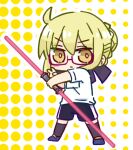  1girl ahoge artoria_pendragon_(fate) black_shorts black_socks blonde_hair blue_footwear blush braid braided_bun brown_eyes chibi closed_mouth commentary_request double_bladed_lightsaber energy_sword fate/grand_order fate_(series) full_body glasses gym_shirt gym_shorts gym_uniform hair_between_eyes hair_bun halftone halftone_background holding holding_weapon kasuga_yuuki kneehighs lightsaber mysterious_heroine_x_alter_(fate) outline purple-tinted_eyewear semi-rimless_eyewear shirt shoes shorts socks solo standing star_wars sword tinted_eyewear under-rim_eyewear v-shaped_eyebrows weapon white_outline white_shirt 