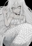  1girl camisole choker eyelashes frills greyscale hair_between_eyes hand_up highres long_hair looking_at_viewer lying mermaid monochrome monster_girl o-ring o-ring_choker on_back open_mouth original scales simple_background solo spaghetti_strap strap_slip taezuodoru_0 very_long_hair white_theme 