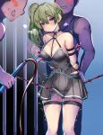  1girl 2boys bare_shoulders bdsm black_dress breasts dress green_hair highres monikano multiple_boys purple_eyes restrained side_ponytail sousou_no_frieren thigh_strap ubel_(sousou_no_frieren) 