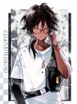  1boy adjusting_eyewear arknights bag bespectacled black-framed_eyewear black_hair chulixun1 closed_mouth dark-skinned_male dark_skin earrings english_text glasses gloves hair_between_eyes highres holding holding_bag jewelry long_hair long_sleeves looking_at_viewer male_focus necklace official_alternate_costume orange_eyes ponytail shirt short_hair short_sleeves simple_background solo thorns_(arknights) thorns_(comodo)_(arknights) upper_body white_background white_shirt yellow_eyes 