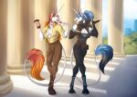 alacorna anthro athletic beverage celestin clothed clothing coffee costume dessert digital_media_(artwork) doughnut duo equid equine equis_universe female food happy hi_res horn horse kelesta kelin mammal muscular sibling_(lore) sister_(lore) sisters_(lore) smile sunny_way tail unicron