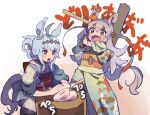  2girls ahoge alternate_hairstyle animal_ears black_kimono blue_eyes fangs floral_print folded_ponytail food green_kimono grey_hair hairband hammer holding holding_hammer horse_ears horse_girl horse_tail japanese_clothes kimono kine long_hair maid_headdress mallet mochi mochitsuki multiple_girls nara_123 new_year obi oguri_cap_(umamusume) open_mouth sash smile sound_effects tail tamamo_cross_(umamusume) umamusume v-shaped_eyebrows 