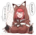  1girl animal_ears asking_for_a_hug bangs black_gloves blush breasts cat_ears earrings eyes_closed fingerless_gloves gem gloves headpiece homura_(xenoblade_2) hood jewelry large_breasts mochimochi_(xseynao) nintendo red_eyes red_hair short_hair simple_background smile solo swept_bangs xenoblade_(series) xenoblade_2 