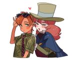  2girls blue_cape blush_stickers cape cropped_torso eyewear_on_head genderswap genderswap_(mtf) green_eyes green_hat green_shirt hat heart honest_john_(disney) humanization long_sleeves looking_at_viewer multiple_girls necktie nick_wilde orange_eyes orange_hair pinocchio_(disney) red_hair shirt short_hair striped_necktie sunglasses top_hat uochandayo white_background zootopia 