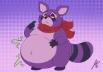 2024 anthro belly big_belly blueberry_inflation hand_on_belly hi_res huge_belly indigo_park jouigidragon kerchief male mammal markings narrowed_eyes navel overweight overweight_anthro overweight_male procyonid purple_body raccoon rambley_raccoon solo striped_markings striped_tail stripes tail tail_markings