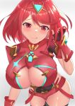  1girl absurdres blush breasts chest_jewel cleavage cleavage_cutout clothing_cutout fingerless_gloves gloves highres huge_breasts leaf pyra_(xenoblade) shiratamaaji smile solo tongue tongue_out white_background xenoblade_chronicles_(series) xenoblade_chronicles_2 