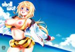  beach bikini blonde_hair blush breasts charlotte_dunois cloud cover cover_page day highres infinite_stratos jewelry large_breasts long_hair necklace nipples ocean open_mouth orange_bikini outdoors outstretched_arms purple_eyes sky smile solo swimsuit water yasui_riosuke 