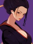  1girl black_hair black_kimono blue_eyes breasts cleavage commentary hair_ornament highres japanese_clothes kanzashi kimono kurage20001 looking_at_viewer nico_robin obi one_piece profile purple_background red_lips sash sidelocks simple_background solo upper_body 