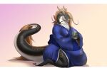  2023 2_horns anthro asian_clothing belly big_belly biglovealicia black_body black_scales blue_clothing blue_eyes breasts brown_hair claws clothed clothing container cup detailed digitigrade dragon eastern_dragon female full-length_portrait fully_clothed hair half-closed_eyes hi_res horn huge_belly morbidly_obese morbidly_obese_female mythological_creature mythological_scalie mythology narrowed_eyes obese obese_female overweight overweight_female pear-shaped_figure portrait scales scalie shaded signature simple_background soft_shading solo tail tail_tuft thick_thighs tuft white_body wide_hips 