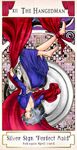  362_(mimuni) backless_dress backless_outfit barefoot blade blue_eyes braid card clock curtains dress english gears highres izayoi_sakuya long_sleeves looking_back maid_headdress roman_numerals short_hair silver_hair solo tarot the_hanged_man touhou twin_braids upside-down 