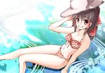  bikini blush bow breasts brown_eyes brown_hair floral_print front-tie_top grin hair_bow hair_tubes hakurei_reimu hand_in_hair hat long_hair looking_at_viewer medium_breasts navel sitting smile solo straw_hat sun_hat swimsuit touhou yuugo_(atmosphere) 