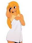  1girl absurdres black_eyes blonde_hair collarbone cowboy_shot hand_in_own_hair hands_up highres long_hair looking_to_the_side naked_towel original pudgeruffian smile solo standing tan teeth thai_(negsus) towel white_towel 