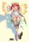  blue_eyes blush breasts fangxiang_cuoluan groin half-skirt halo highres mecha mecha_musume medium_breasts original red_hair shadow smile solo sword thighhighs twintails weapon wings yellow_background 