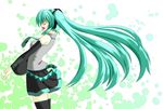 black_legwear blush closed_eyes detached_sleeves green_hair hatsune_miku iwanori long_hair necktie open_mouth skirt smile solo thighhighs twintails very_long_hair vocaloid 