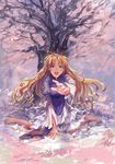  barefoot blonde_hair blood blood_on_face cherry_blossoms commentary crying crying_with_eyes_open dress long_hair outstretched_arm outstretched_hand purple_eyes sitting solo tabard tears torn_clothes torn_sleeves touhou tree very_long_hair wariza white_dress xiezhua_(amyoy) yakumo_yukari 