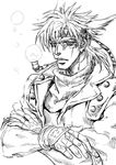  bubble caesar_anthonio_zeppeli crossed_arms facial_mark feathers fingerless_gloves gloves greyscale hair_feathers headband jojo_no_kimyou_na_bouken kiseru lips male_focus monochrome pipe solo zishanjiang 