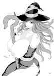  absurdres belly between_breasts breast_hold breasts cleavage dragon's_crown greyscale hat highres huge_breasts long_hair meme50 monochrome nipples simple_background smile solo sorceress_(dragon's_crown) staff topless translation_request white_background wide_hips witch_hat 
