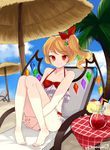  barefoot beach bendy_straw bikini blonde_hair blue_sky chair cloud cocktail cocktail_umbrella day drink drinking_straw flandre_scarlet food frilled_bikini frills fruit glass hair_ornament hair_ribbon himaya ice ice_cube knees_together_feet_apart knees_up leg_hug legs lemon lemon_slice long_hair looking_at_viewer lounge_chair outdoors palm_tree pigeon-toed red_bikini red_eyes red_ribbon ribbon side_ponytail sitting sky smile solo swimsuit table touhou tree tropical_drink umbrella wings 