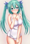  blush breasts green_eyes green_hair hair_ribbon hatsune_miku highres large_breasts long_hair one-piece_swimsuit ribbon sakura_fuyuki school_swimsuit solo swimsuit twintails vocaloid 