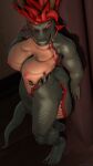  3d_(artwork) 5_toes anthro bras_(petruz) breasts digital_media_(artwork) feet female fingers green_body green_scales hair hi_res lizard_(petruz) nipples non-mammal_breasts non-mammal_nipples nude_anthro nude_female red_hair scales scalie snake_(petruz) solo svetlanasol toes 