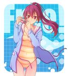  camera casual_one-piece_swimsuit free! highres hood hoodie long_hair matsuoka_gou one-piece_swimsuit open_clothes open_hoodie ponytail red_eyes red_hair snowchild swimsuit 