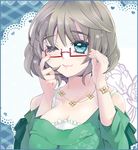  adjusting_eyewear aqua_eyes bespectacled bracelet breasts brown_hair choko_(kandatake) cleavage flower glasses idolmaster idolmaster_cinderella_girls jewelry lipstick makeup medium_breasts mole mole_under_eye necklace one_eye_closed pink_lipstick short_hair solo takagaki_kaede 