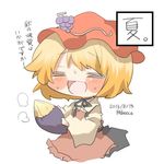  =_= aki_minoriko bad_id bad_twitter_id blonde_hair blush closed_eyes food fruit grapes hat lowres open_mouth rebecca_(keinelove) short_hair smile sweet_potato touhou translated 