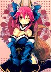  ;) animal_ears bare_shoulders bow breasts cleavage closed_mouth detached_sleeves fate/extra fate_(series) fox_ears fox_tail hair_bow hair_ribbon kimiterary large_breasts one_eye_closed pink_hair ribbon smile solo tail tamamo_(fate)_(all) tamamo_no_mae_(fate) thighhighs twintails yellow_eyes 
