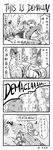  3girls 4koma ashe_(league_of_legends) chinese comic dying_message garen_crownguard greyscale highres image_sample league_of_legends leng_wa_guo luxanna_crownguard md5_mismatch monochrome morgana multiple_girls pixiv_sample teemo translated trundle weapon 