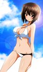  airando bikini breasts brown_eyes brown_hair cleavage cloud criss-cross_halter day girls_und_panzer halter_top halterneck highres large_breasts lens_flare looking_at_viewer navel nishizumi_maho shiny shiny_skin short_hair sky swimsuit 