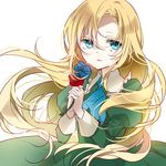  blonde_hair blue_eyes blue_flower blue_rose dress flower green_dress ib long_hair mary_(ib) naoto_(tulip) red_flower red_rose rose solo tears 