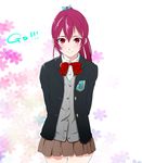  arms_behind_back blazer blush bow chu_robo free! jacket long_hair matsuoka_gou ponytail red_eyes red_hair school_uniform skirt smile solo 