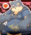  &lt;3 2011 7号 anthro belly blush canid canine canis clothing dog english_text hoodie humanoid_hands male mammal one_eye_closed overweight overweight_male simple_background solo text wink 