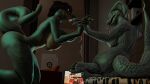  3d_(artwork) 5_toes anthro bras_(petruz) breasts brown_hair digital_media_(artwork) feet female female/female fingers forked_tongue green_body green_scales green_tail group hair hi_res lizard_(petruz) nipples non-mammal_breasts non-mammal_nipples nude_anthro nude_female scales scalie snake_(petruz) snake_hood svetlanasol tail toes tongue tongue_out trio 